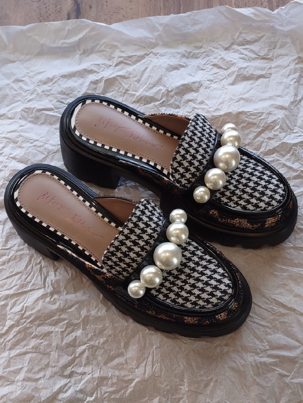 Betsey Johnson Black & White Houndstooth Pearl-Trim Mules
